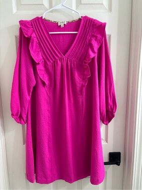 Umgee Hot Pink Ruffle V-Neck Long Sleeve Dress